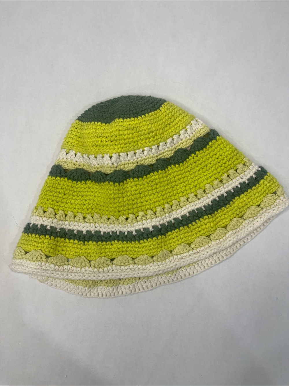 Ganni Striped Crochet Bucket Hat in Lime Green, Dark Green & Cream
